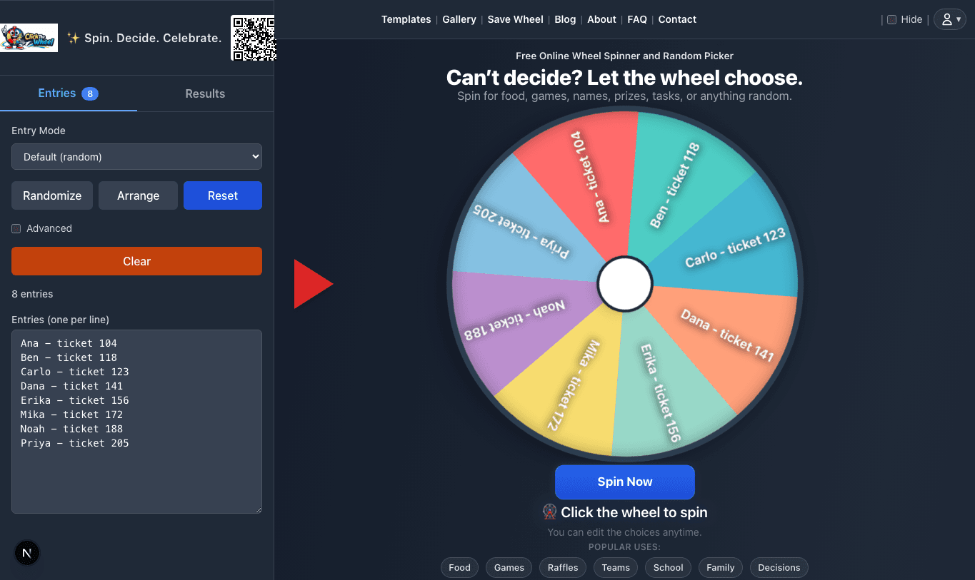 ClickTheWheel entries panel and wheel before a fair draw
