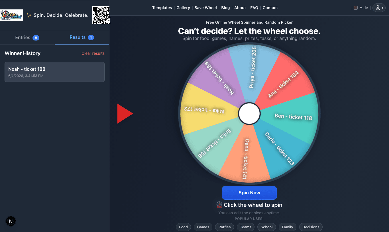 ClickTheWheel result history used as proof after a spin