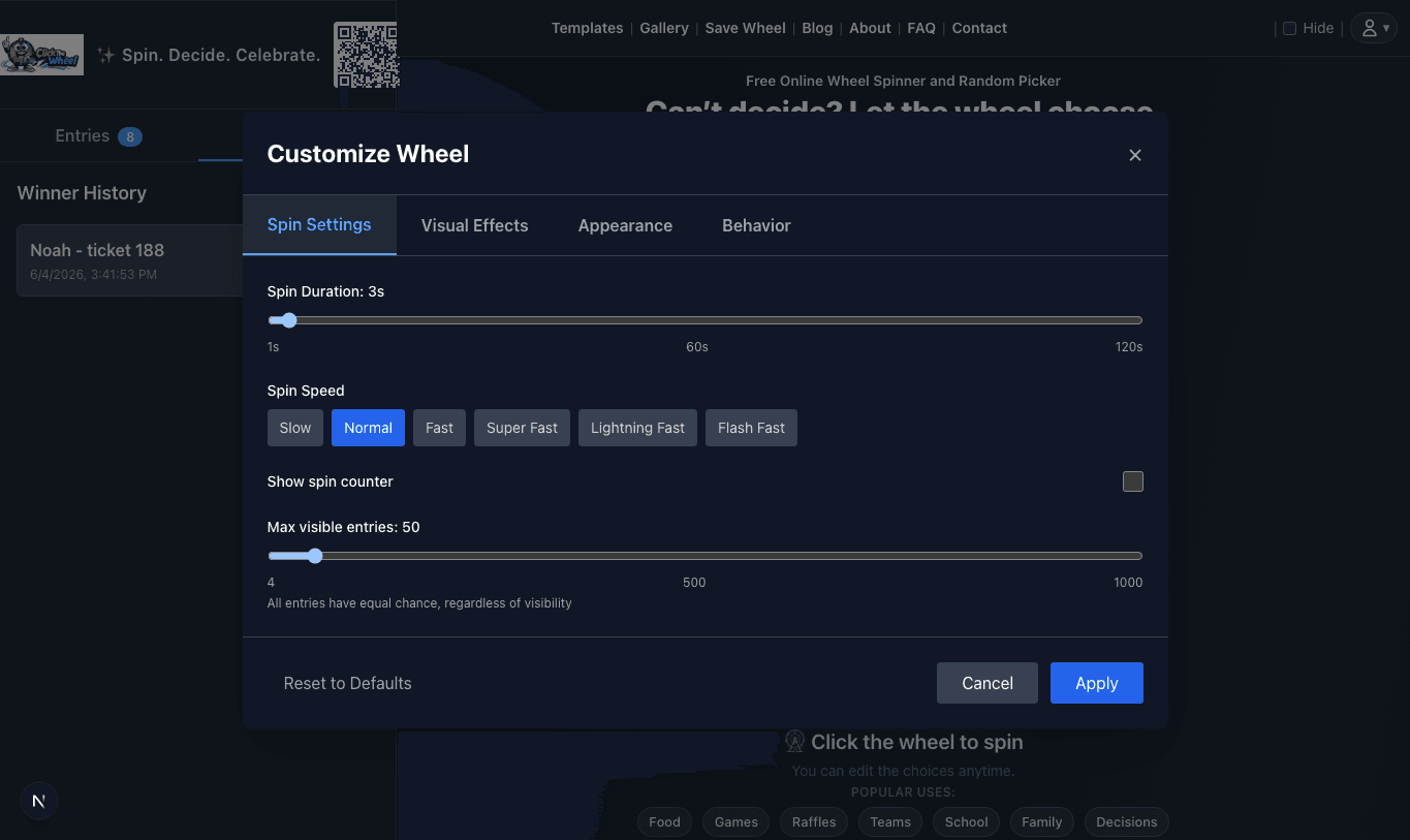 ClickTheWheel settings panel for wheel controls