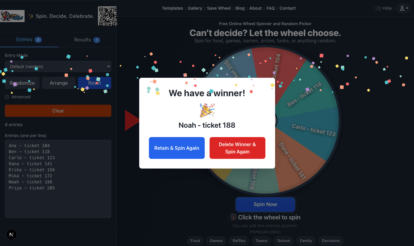 Winner result shown after a wheel spin